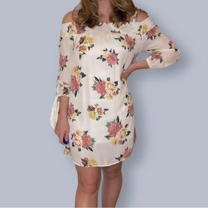 DONATED Floral Off-the-Shoulder White Silky Dress